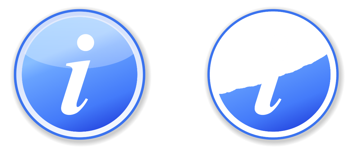 「i」が情報ということを示す二つのバージョンの青い円。一つ目の例では青いグラデーションの背景があり、二つ目は上半分の背景がなくなっており、 i を不明瞭にしている。