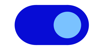 水色の内部インジケータ付きの濃い青色の楕円形のトグルボタン。