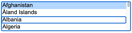 Afghanistan が選択され、Albania がフォーカスされている、国の select 要素